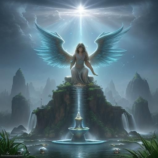 Angelic Fountain of Youth in Fairy Scenery