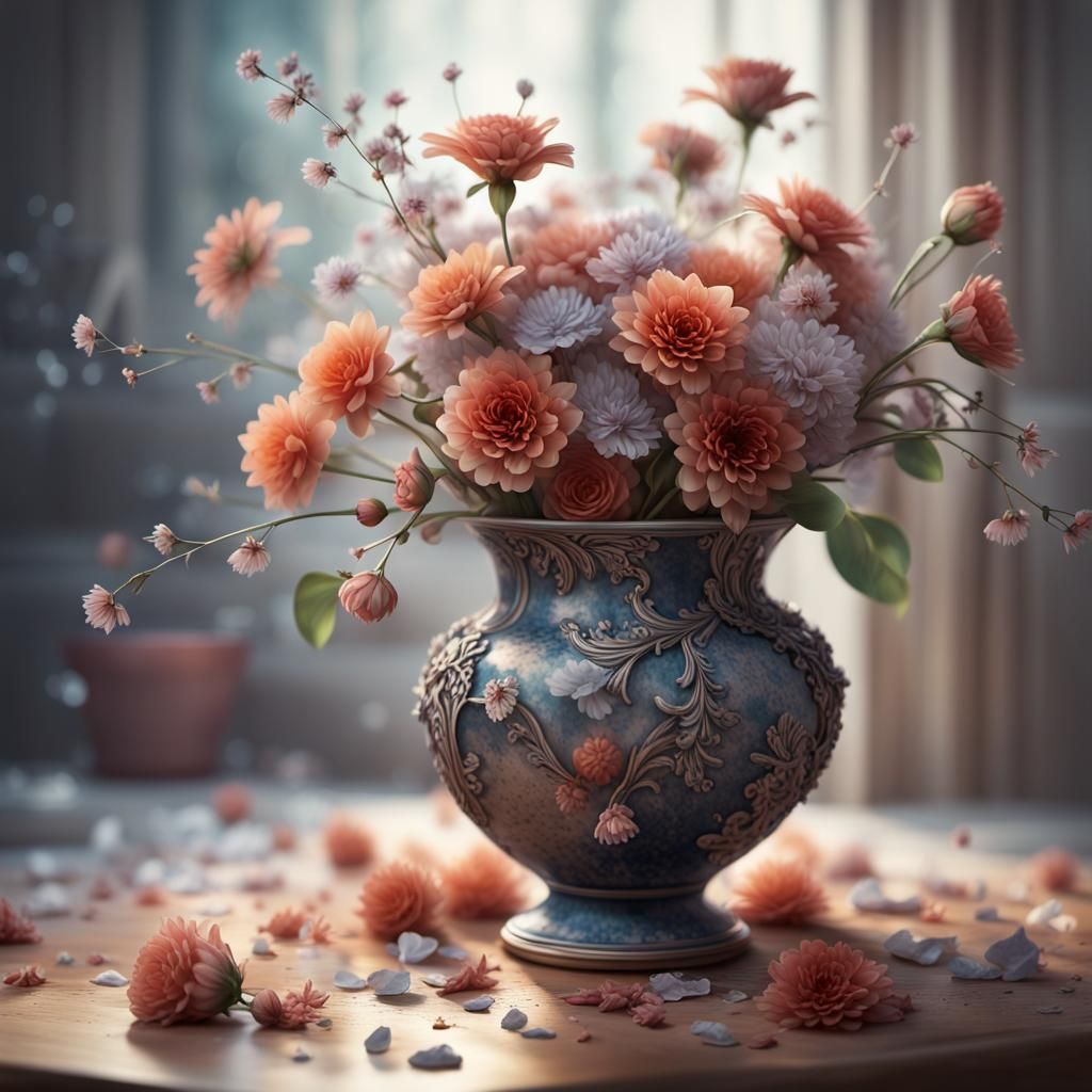 Faded Flowers in Broken Vase: Hyperdetailed Sunlight