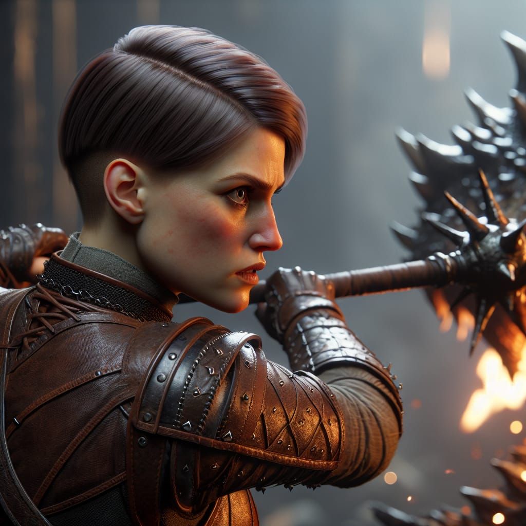 Fierce Female Cleric Battles Dragon with Mace