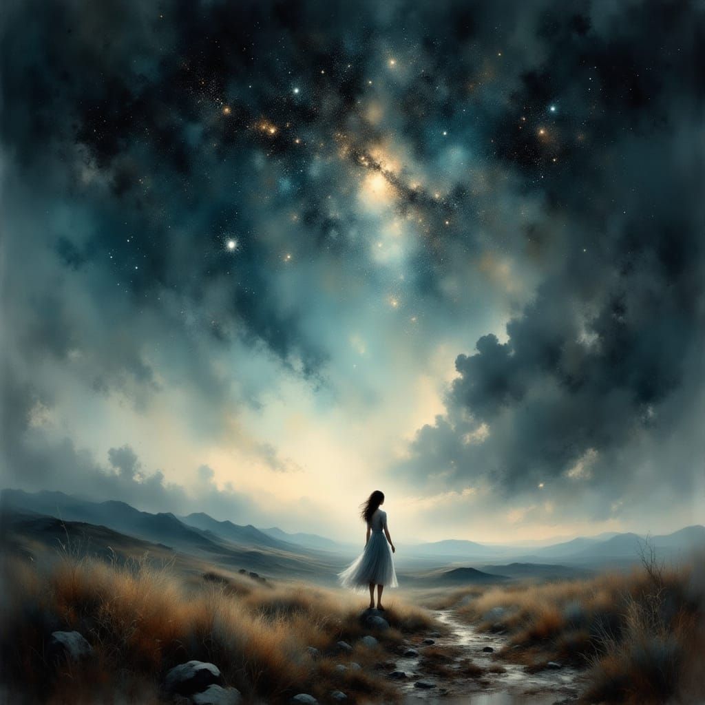 Solitary Figure on Windswept Plain Under Starlit Sky