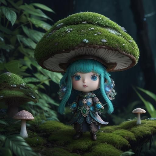 Mossy Mushroom Person with Blue Glow, Digital Art