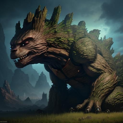 Groot and Godzilla Mashup in Detailed Digital Art