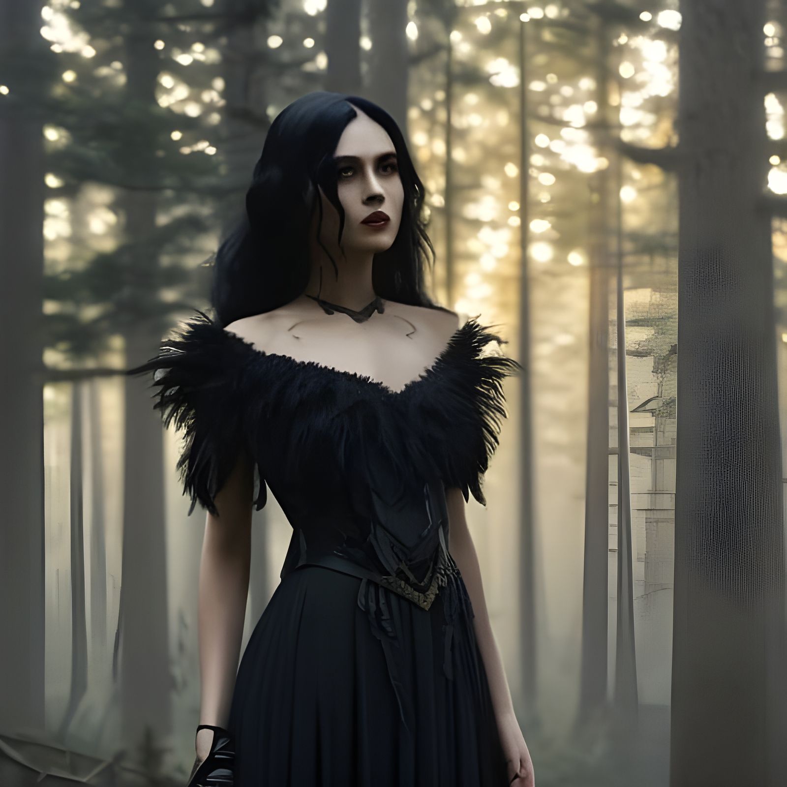 Gothic Woman with Crow in Dark Forest