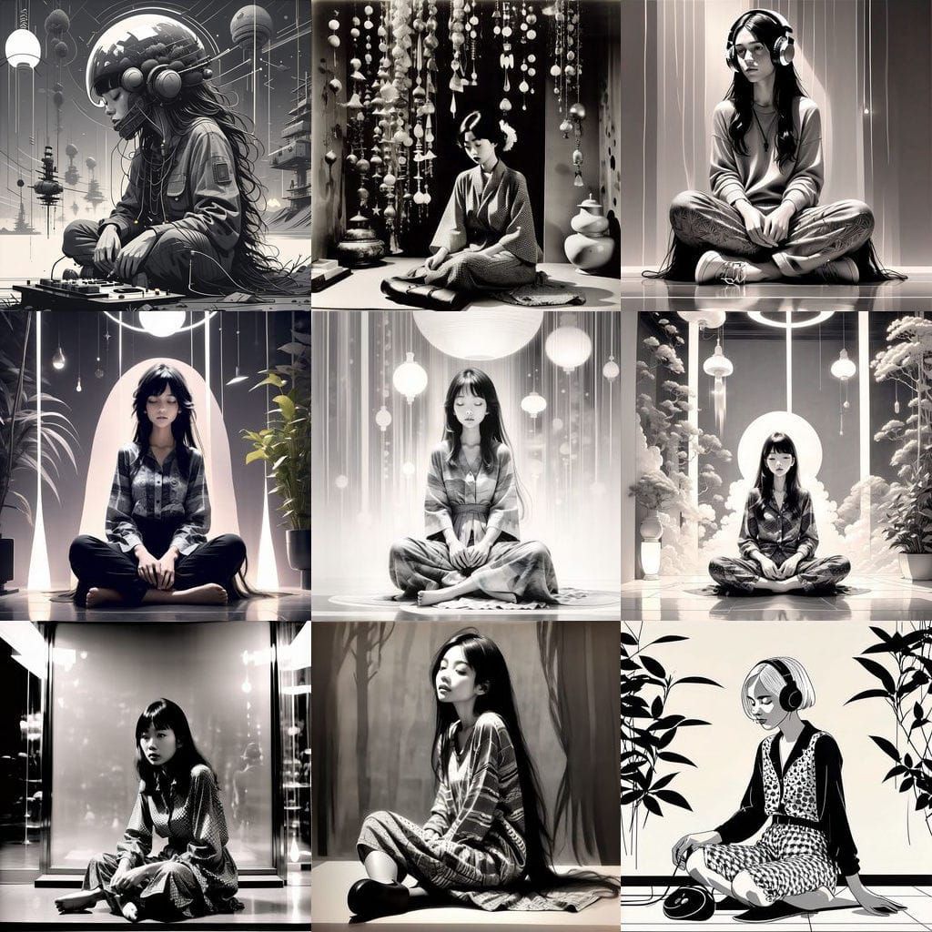 Lonely Music Lover in Monochromatic Serenity