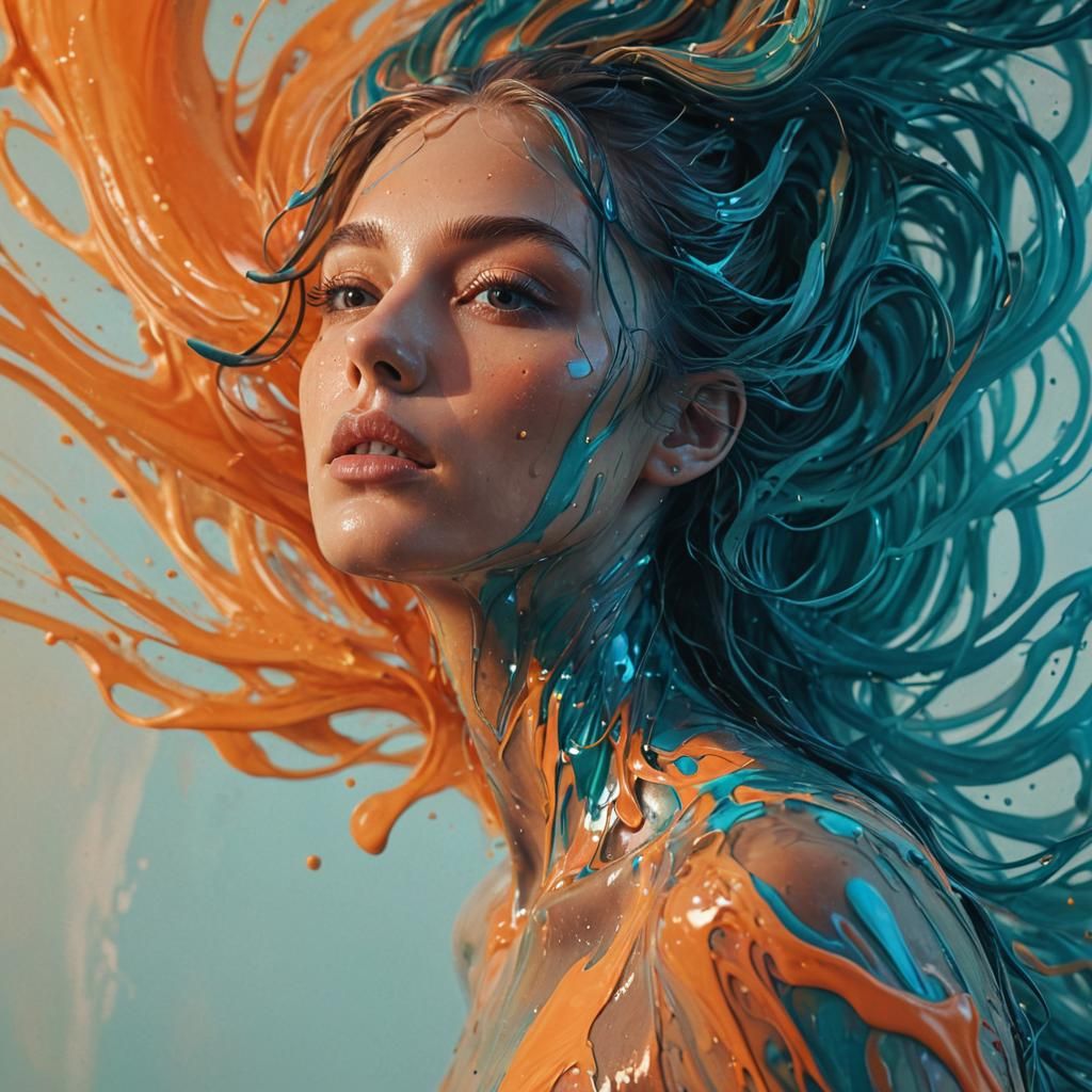 Surreal Woman's Portrait in Swirling Paint, 3D Digital Art