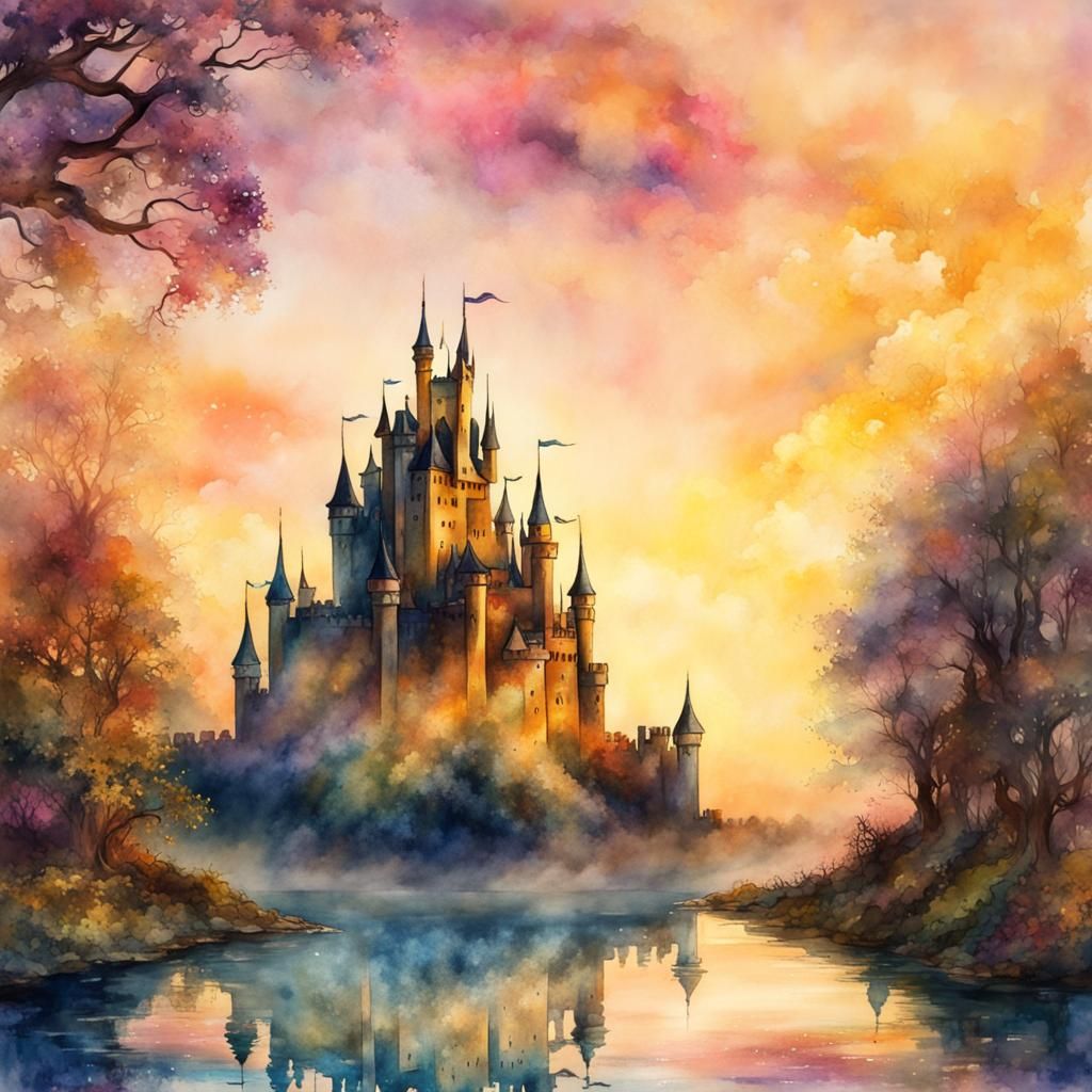 Golden Hour Castle: Silhouette Double Exposure Fairytale