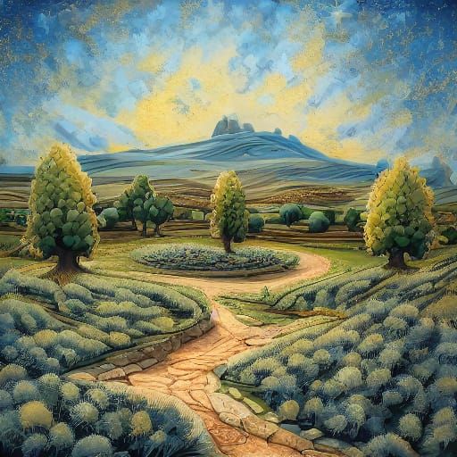 Surreal Landscape with Ripples of Houses and Wheat in Warm G...