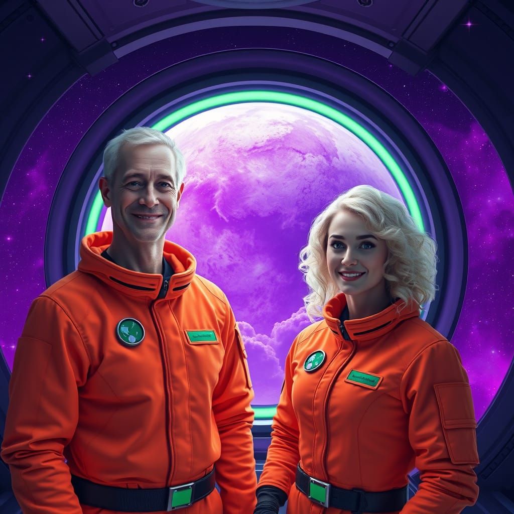 Cosmic Duo in Vibrant Orange Spacesuits Contemplate Purple H...