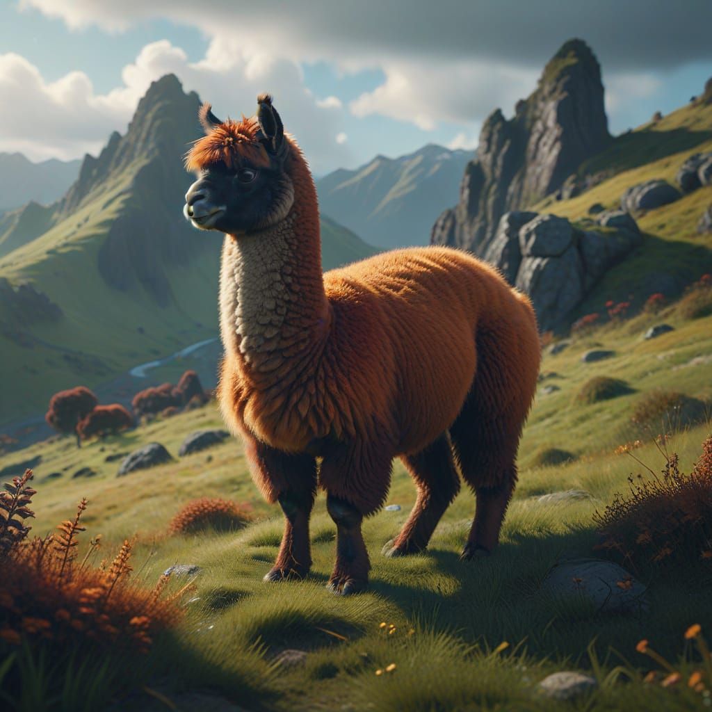 Fantasy Alpaca in Vibrant Landscape - Matte Painting