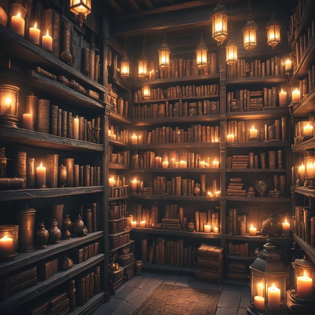 Mysterious Fantasy Shop with Glowing Artifacts, Digital Art