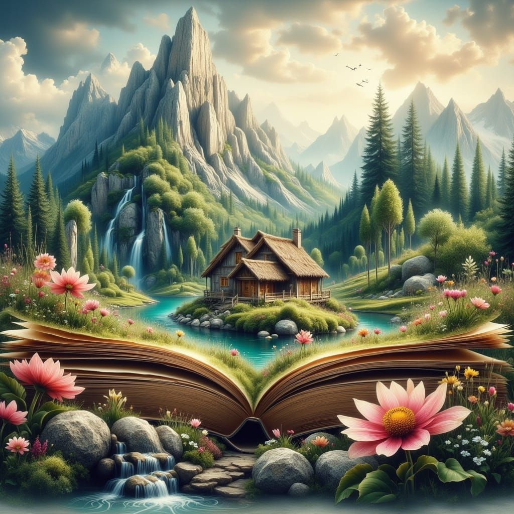 Fantasy Landscape Emerges from Open Book in Digital Art