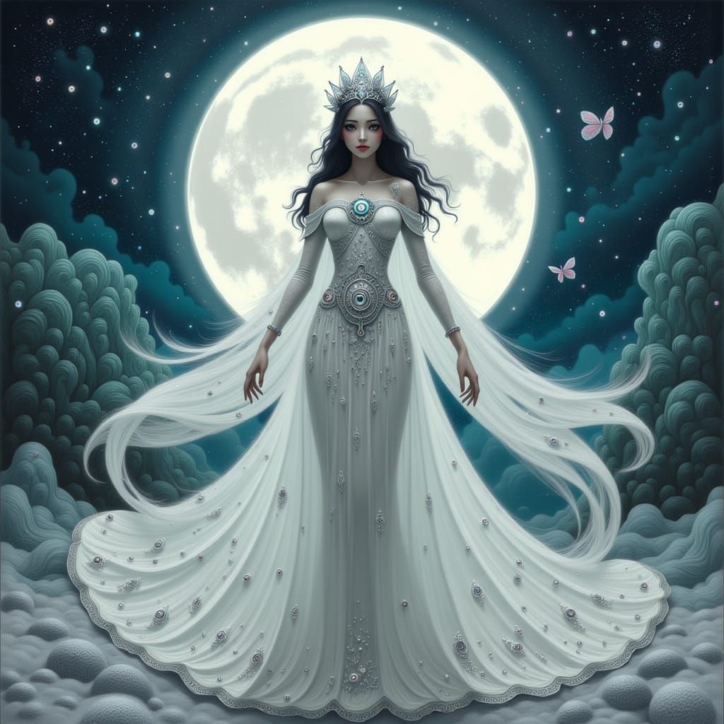 Celestial Goddess Hina Under the Moon, Digital Art