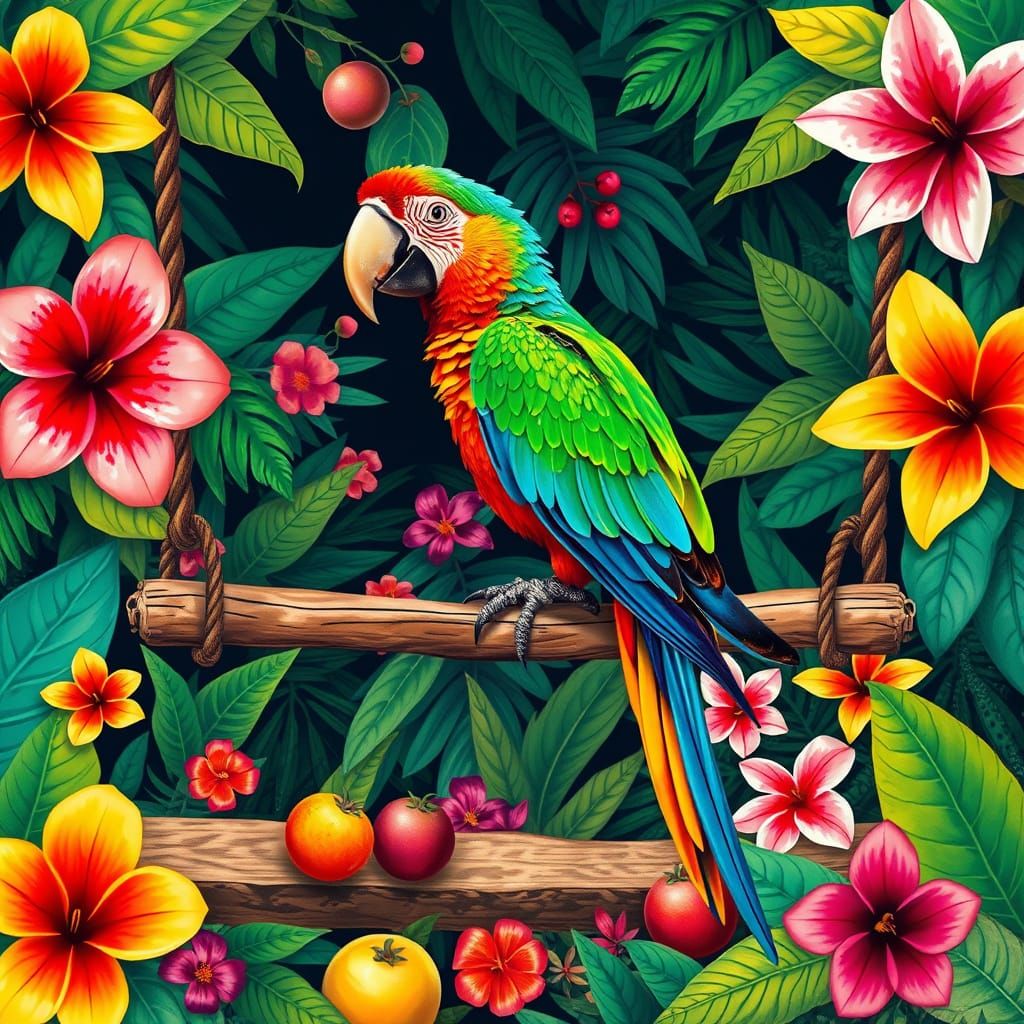 Vibrant Tropical Parrot in Playful Whimsical Style