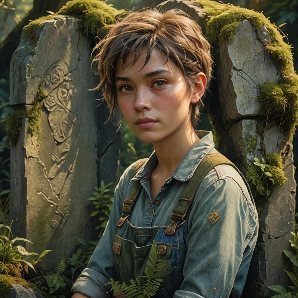 Hyperrealistic Woman with Shovel by Tombstone