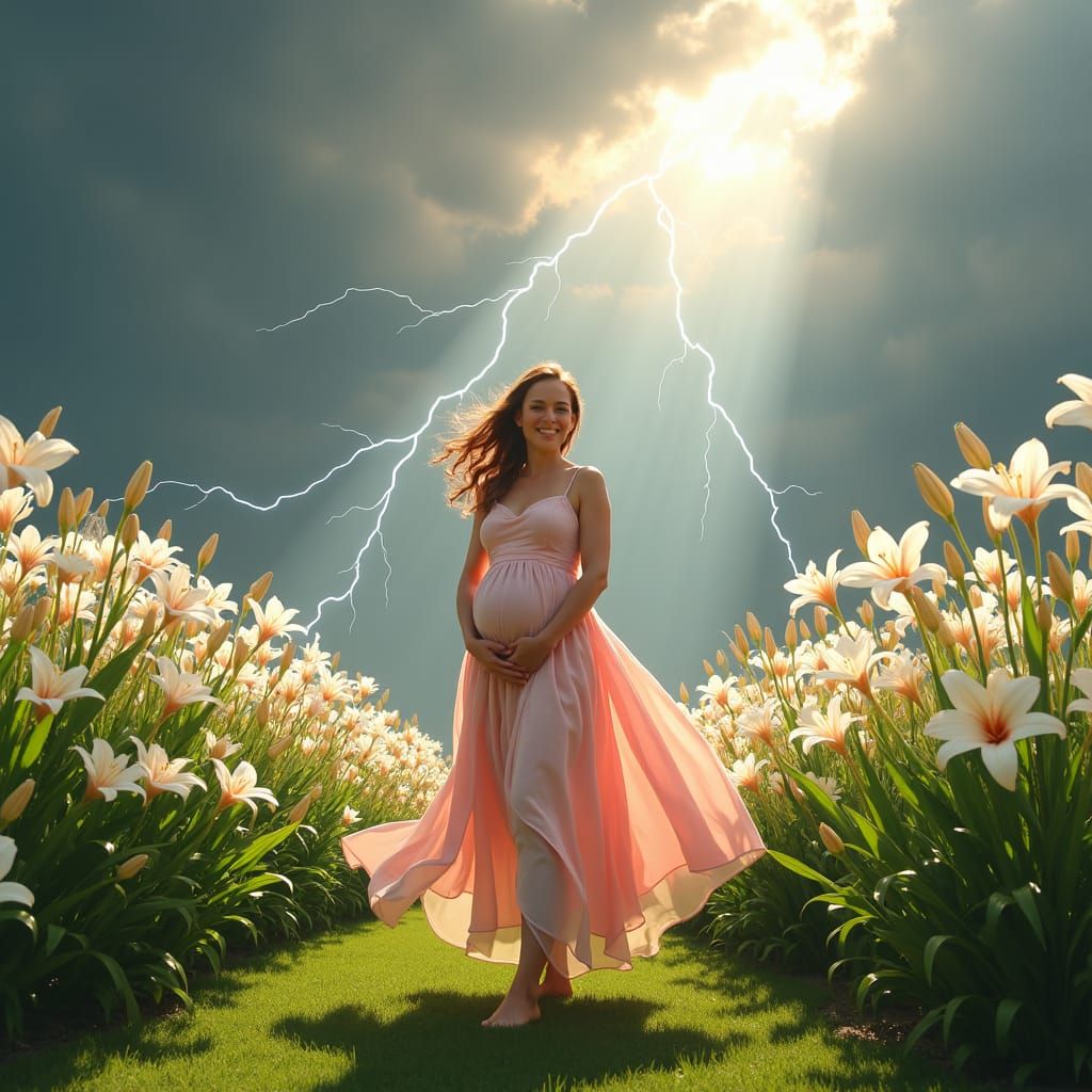 Radiant Woman in Storm with Sego Lilies