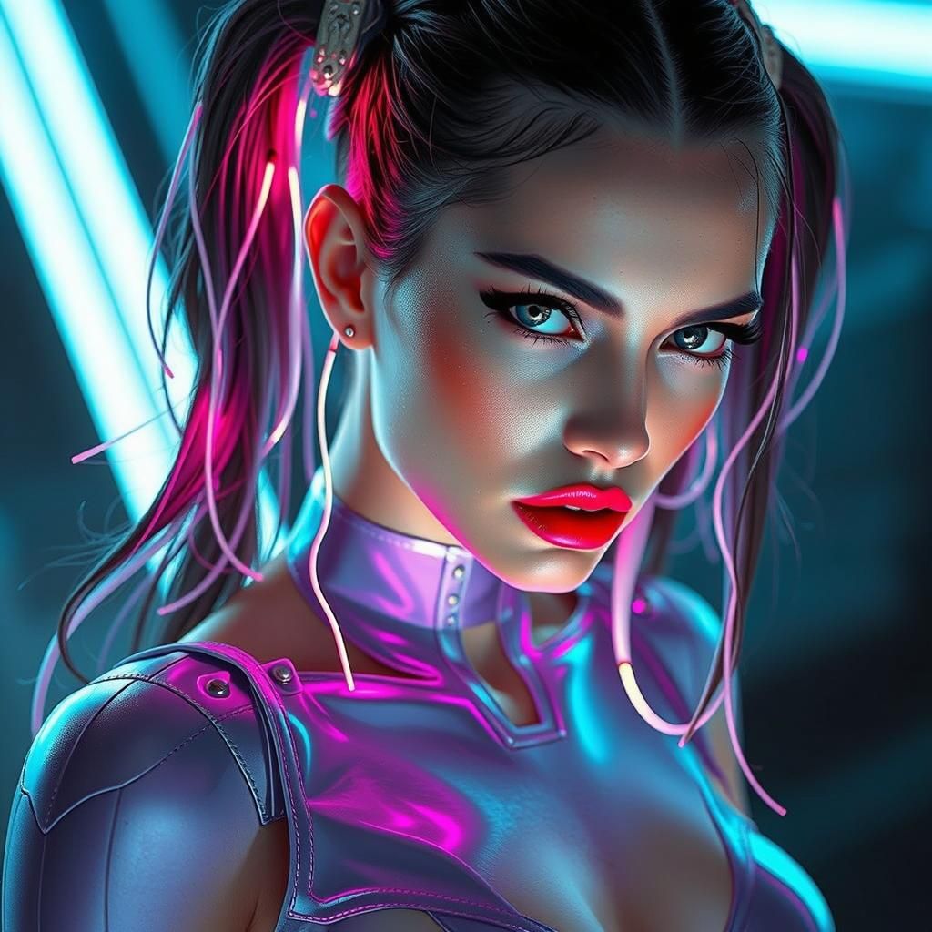 Cyborg Fashion Model with Neon Cybernetics in Vogue Style
