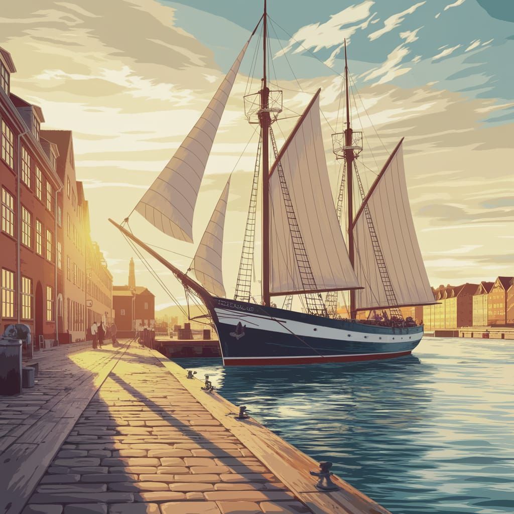 Schooner in Danish Quay Woodcut