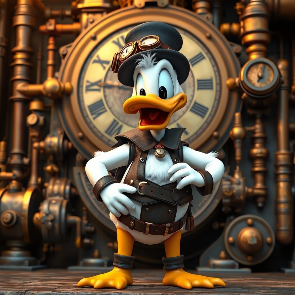 Steampunk Donald Duck Amidst Vintage Industrial Wonders