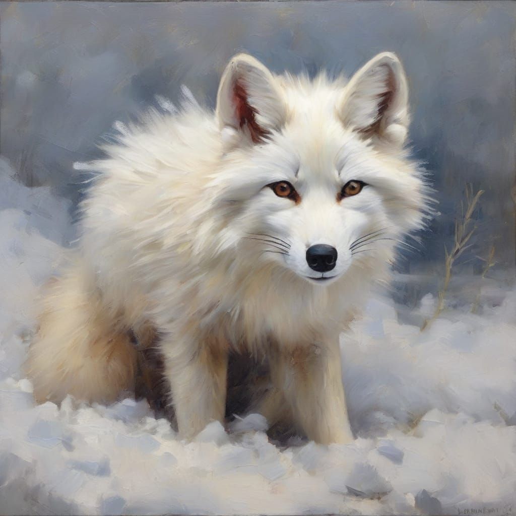 Arctic Fox Portrait in Snow, Oil Painting Style