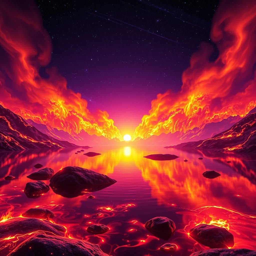 Magical Burning Lake Under Starry Night Sky