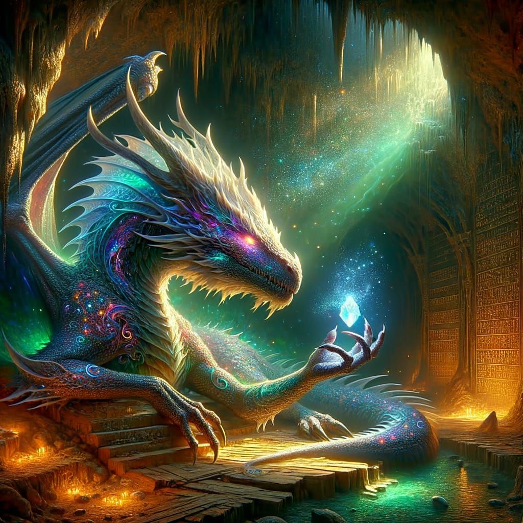 Iridescent Dragon in Cave with Crystal Treasure