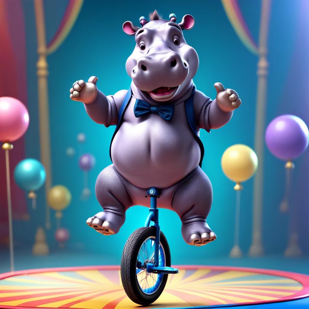 Happy Hippo Unicycle Circus Act in 3D