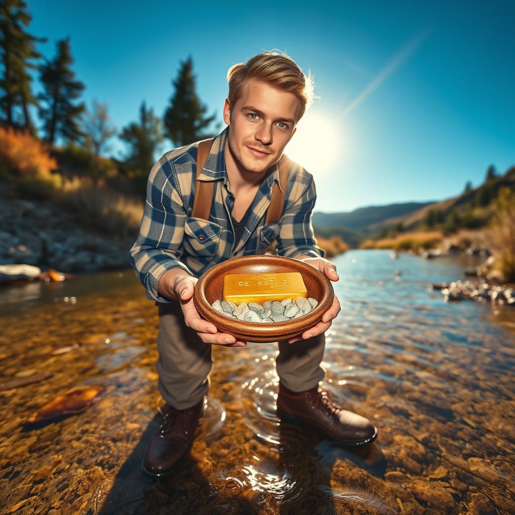 Serene Gold Panner in a Creekside Landscape