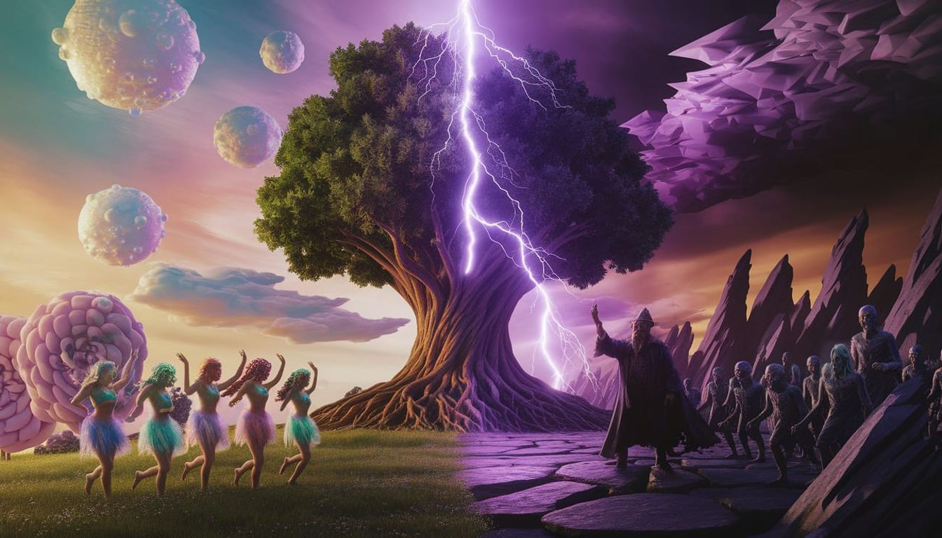 Tree Divided: Nymphs and Wizard in 3D Render