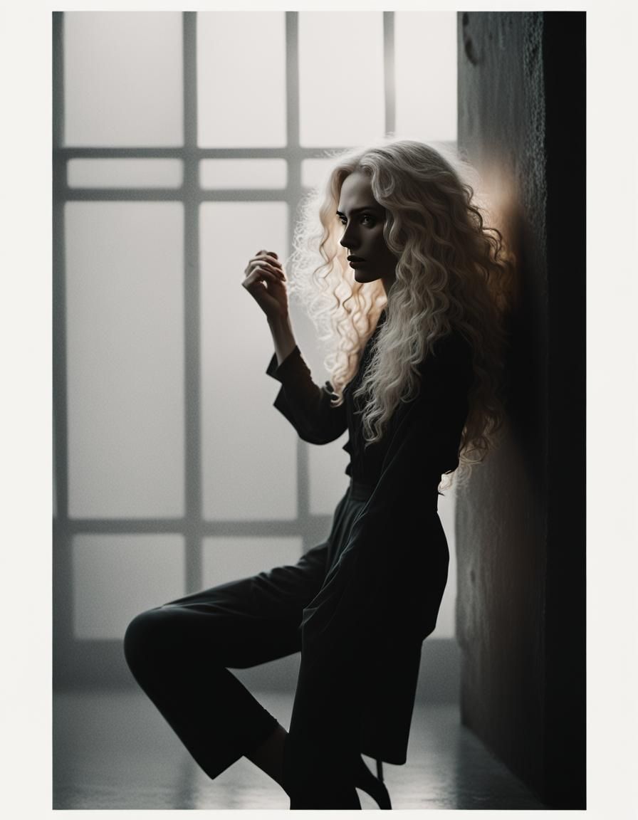 Monochrome Portrait of a Sad Curly Haired Girl