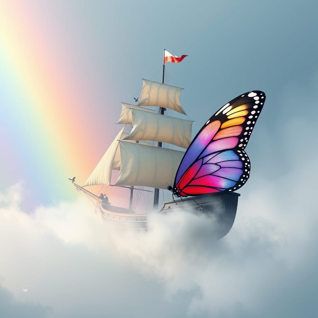 Butterfly Wing Ship Sailing on Rainbow Mist