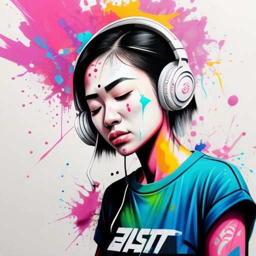 Girl in Graffiti-Style Street Art with Closed Eyes