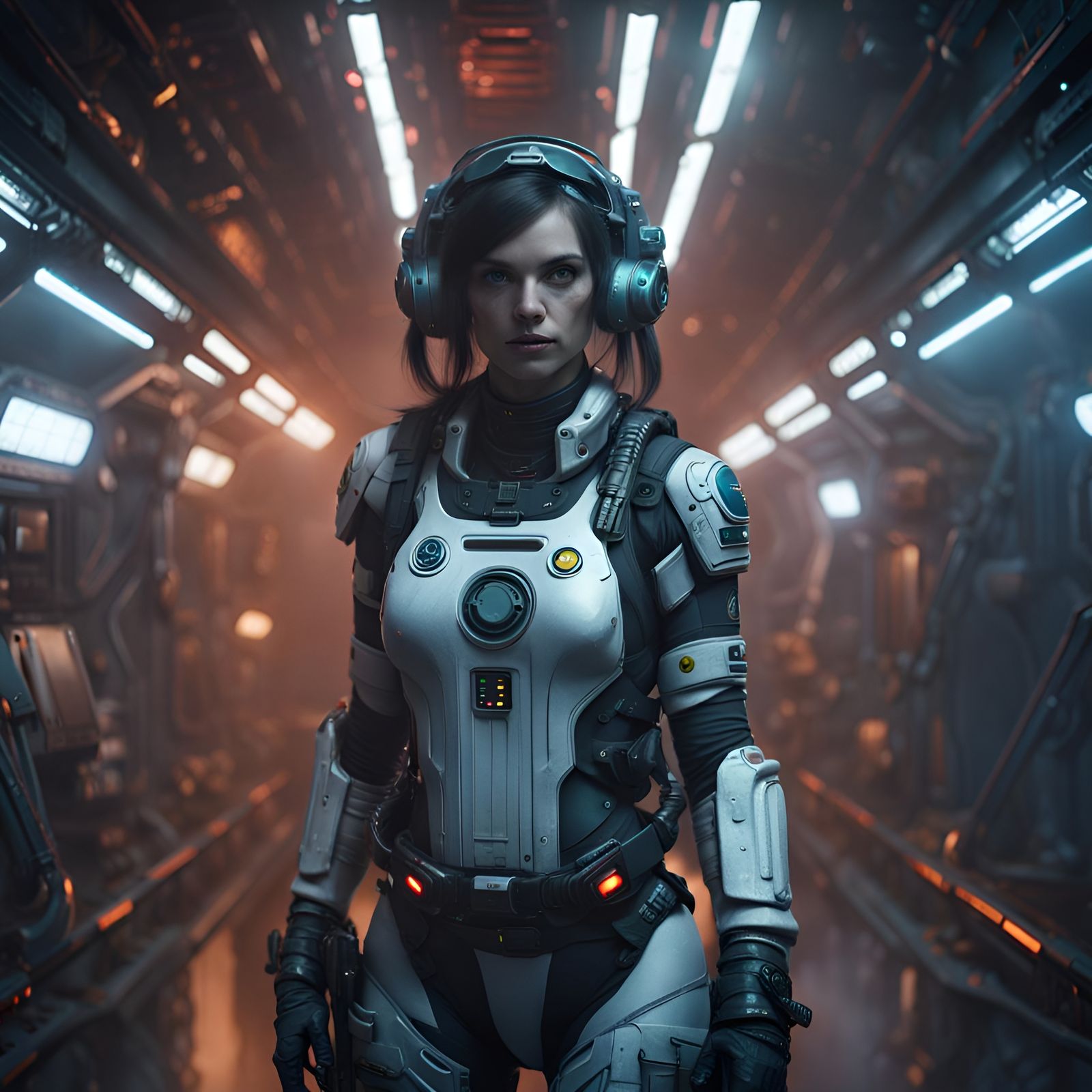 Cyberpunk Space Pirate in Spaceship Corridor