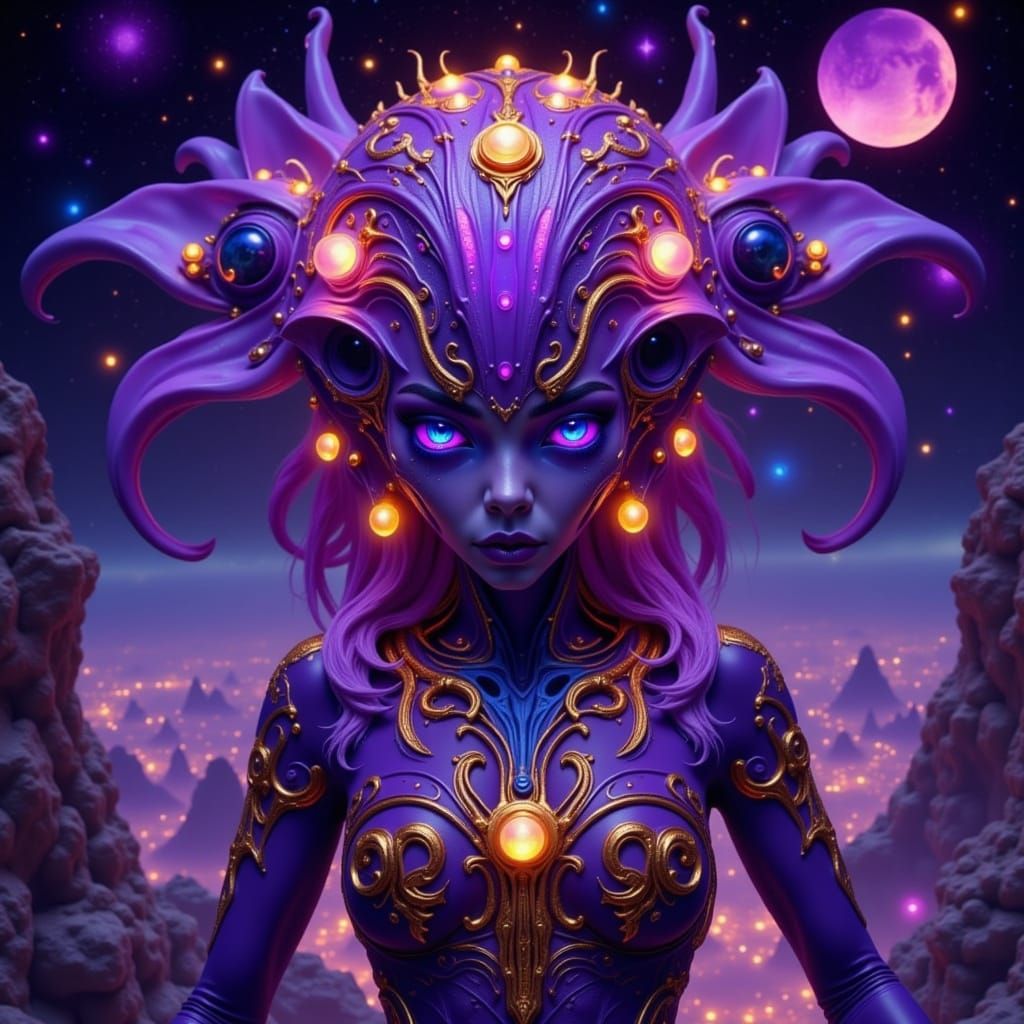 Bioluminescent Alien Woman in Sci-Fi Cityscape