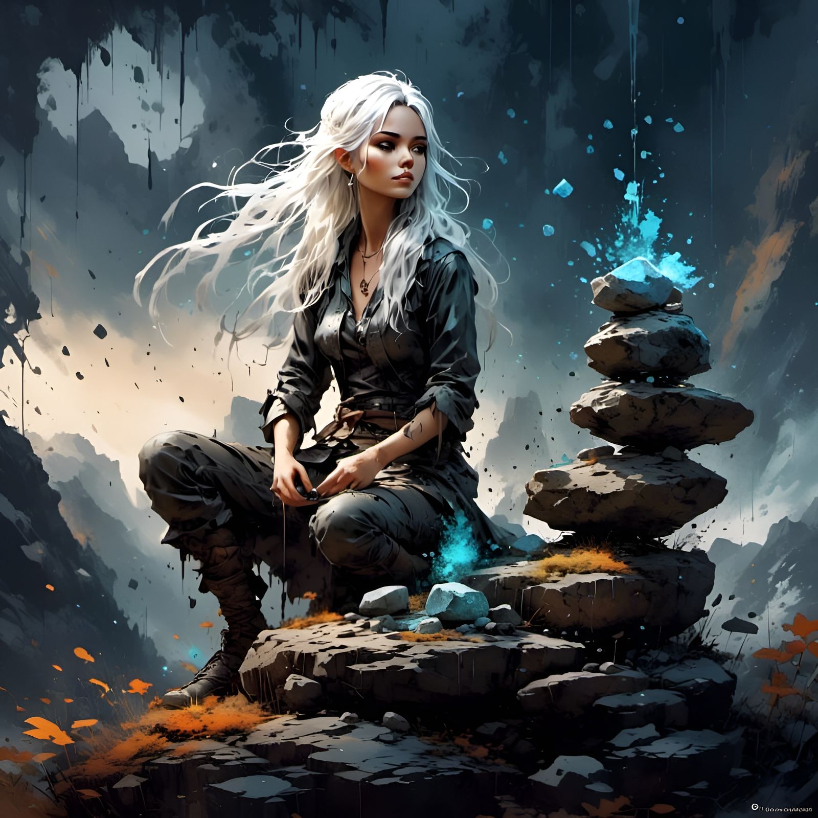 Fantasy Girl Balancing Stones in Ink Portrait