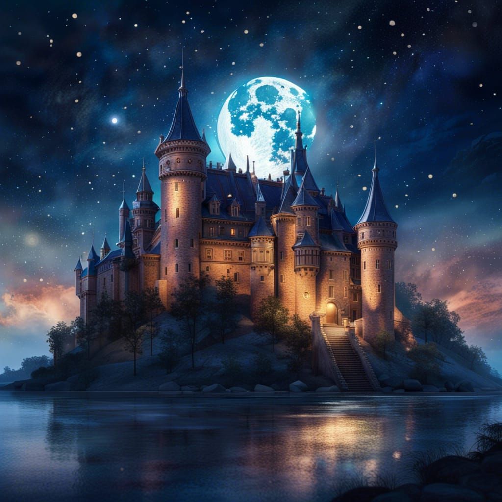 Watercolor Castle Under Starry Moonlit Sky