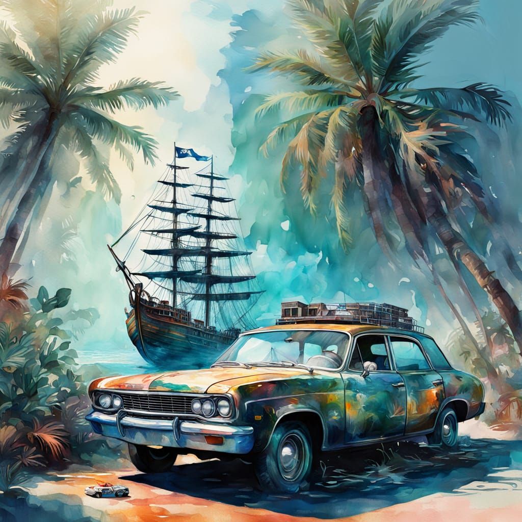Dreamy Fantasyscape: Pirate Ship, Computer & Old Car