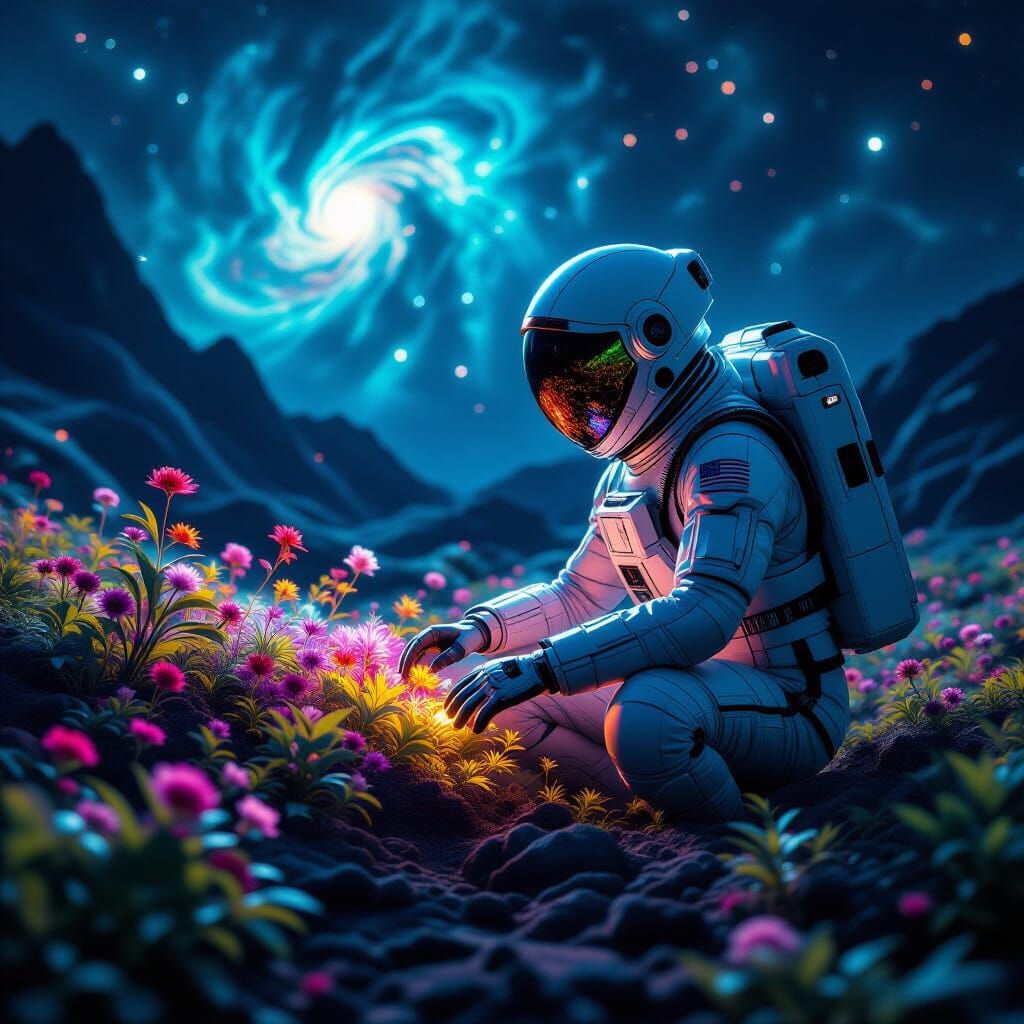 Astronaut Tends Bioluminescent Garden on Moon Under Nebulae ...