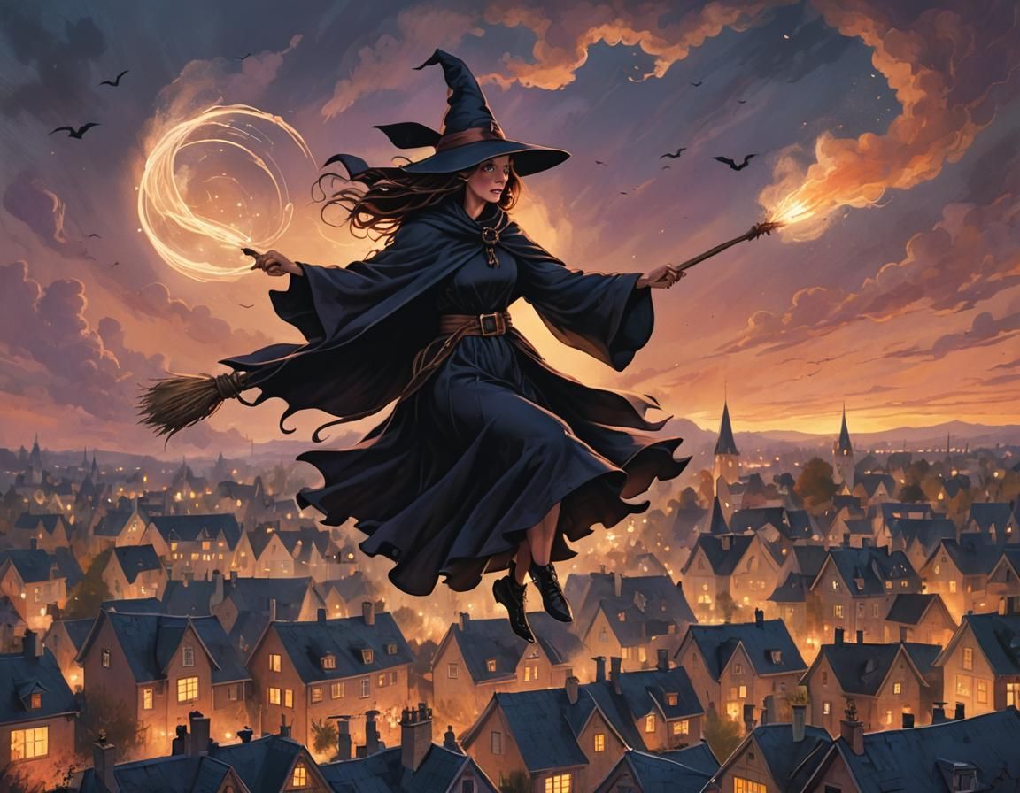 Witch Flying Over Houses at Sunset