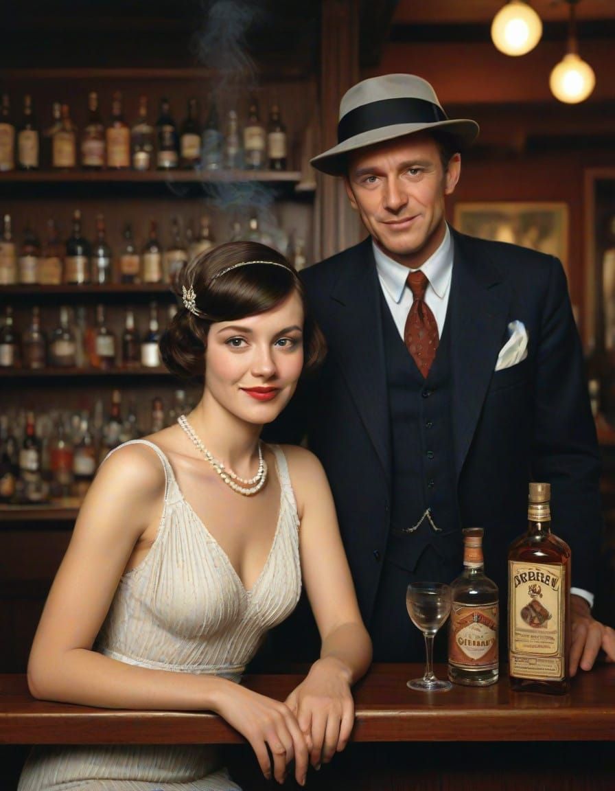Flapper Sips a Bootlegger's Cocktail in a Smoky Speakeasy
