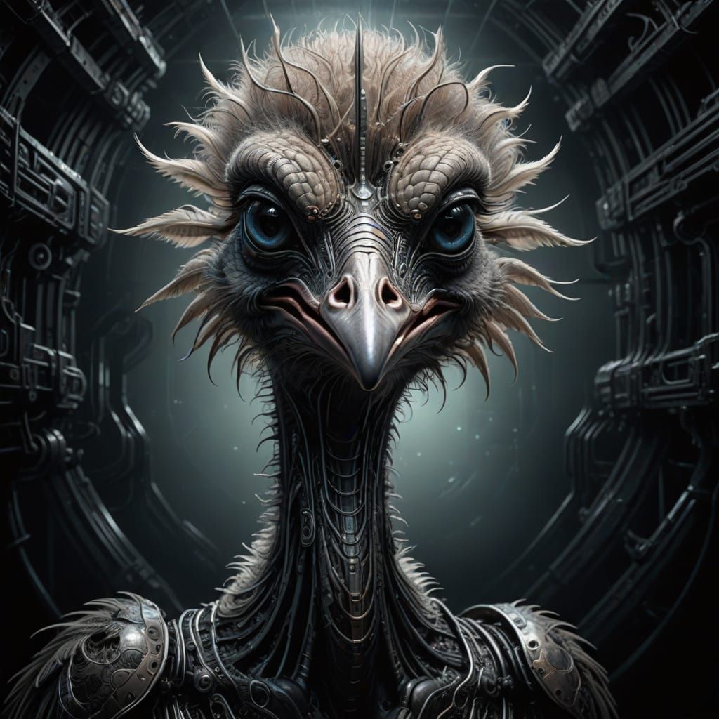 Surreal Ostrich in Biomechanical Futurism