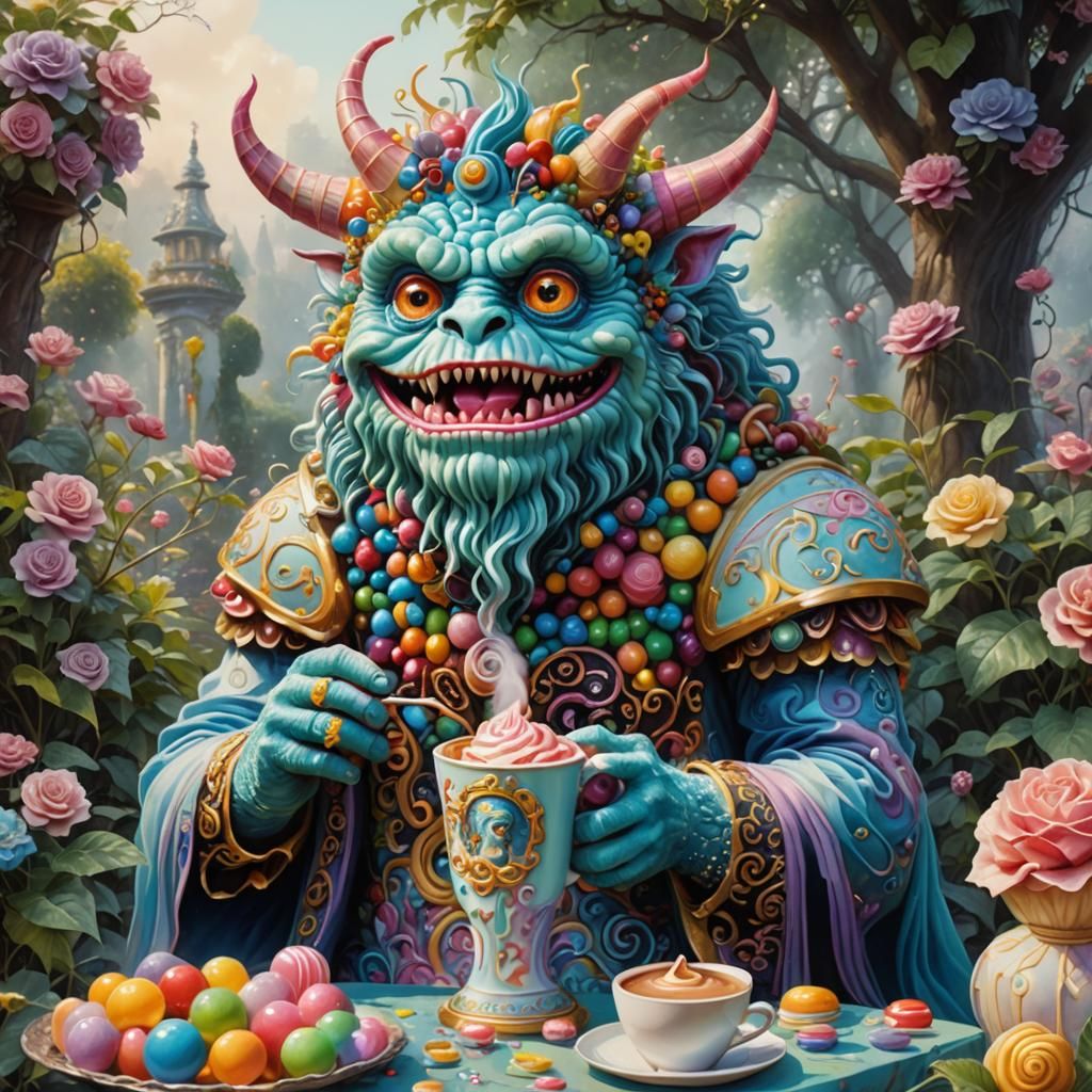 Candy Monster in Versace Gown, Gouache Watercolor