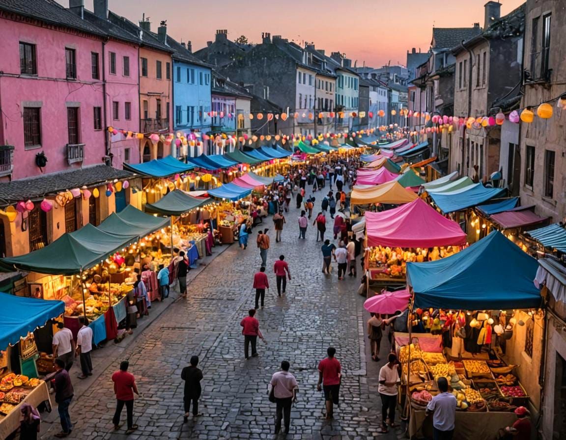 Twilight Street Market with Colorful Tents and Food