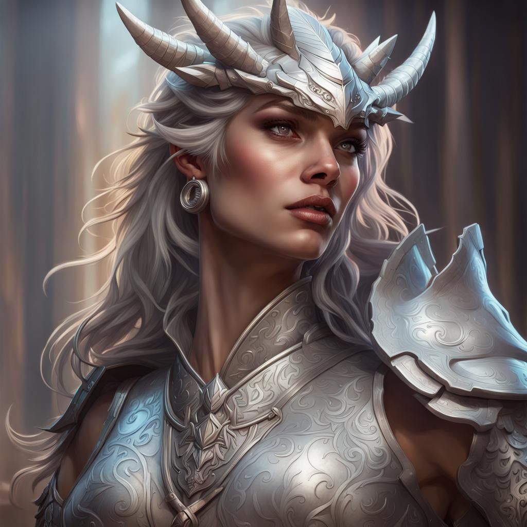 Silver Dragonborn Portrait in Detailed Digital Art Style