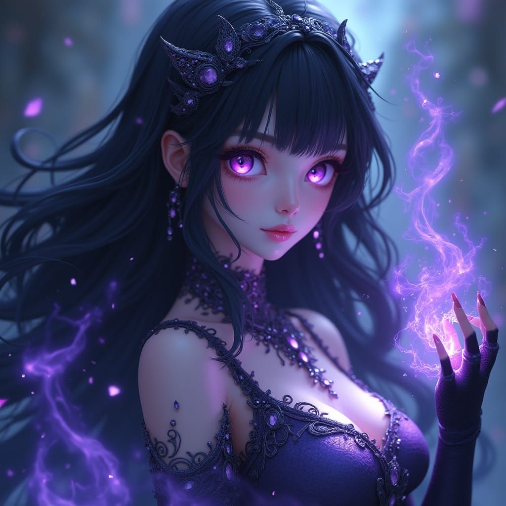 Anime Sorceress with Shadow Magic in 3D