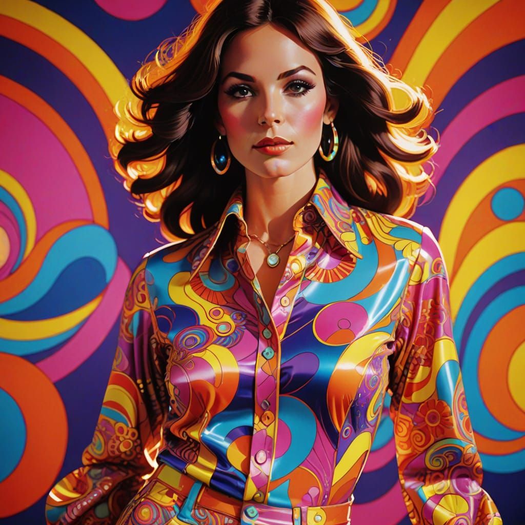 Retro Woman in Psychedelic 70s Style