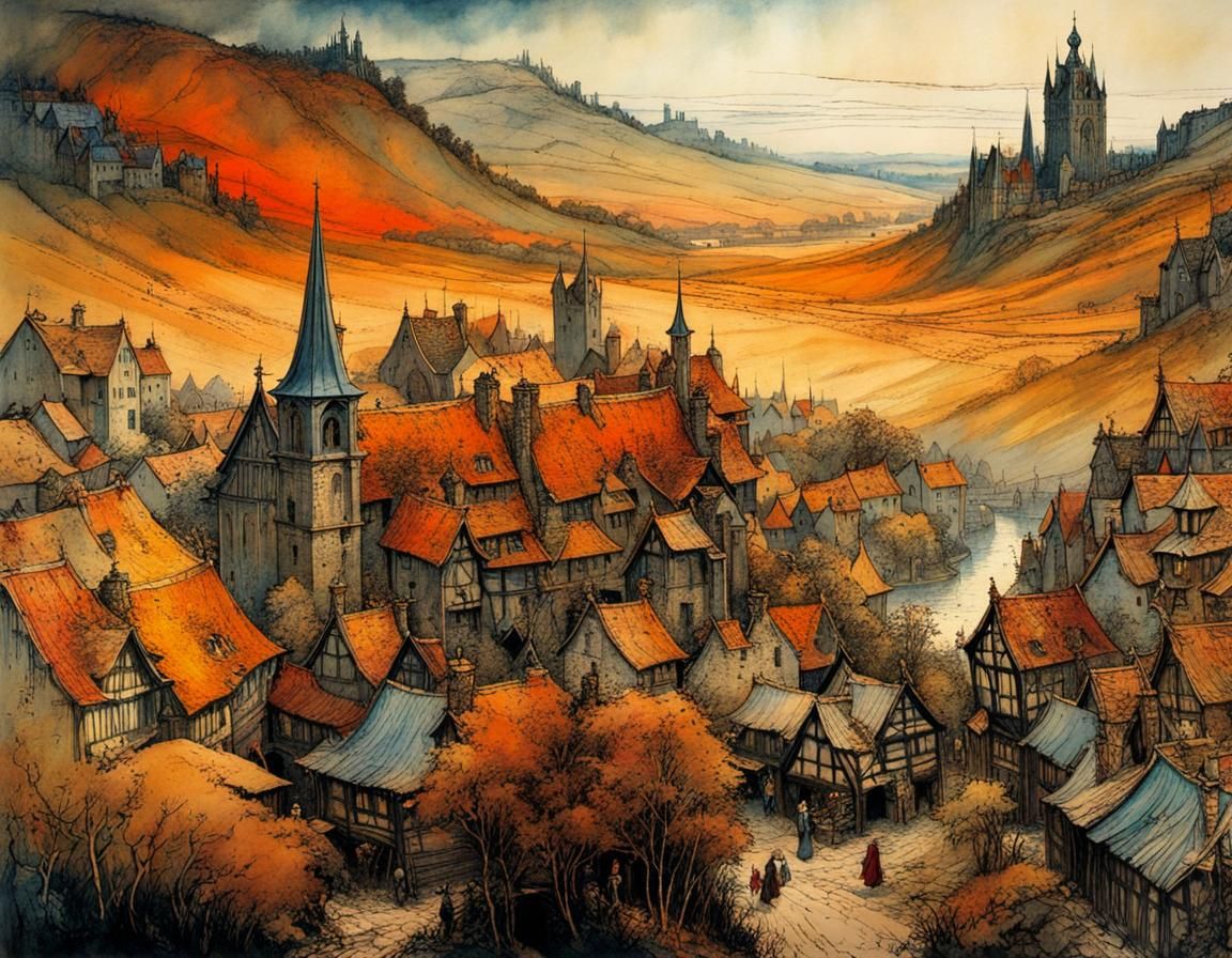 Mysterious Medieval Town with Noctilucent Details