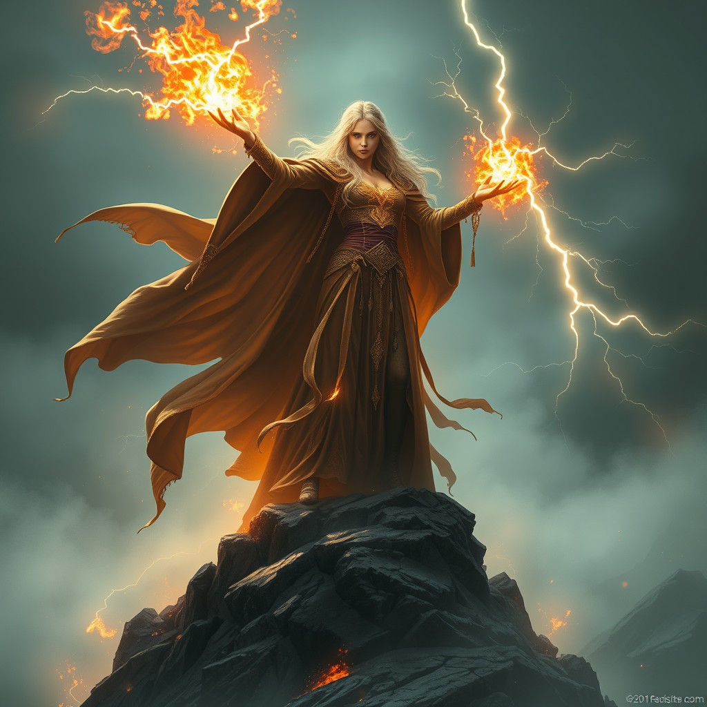 Sorceress Summons Fire and Lightning on Misty Hill