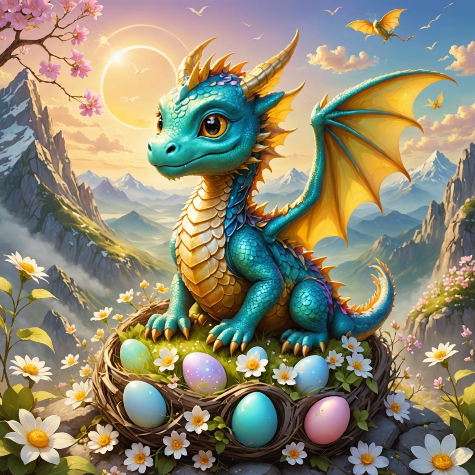 Chibi Dragon Family in Mountain Nest, Airbrush Art