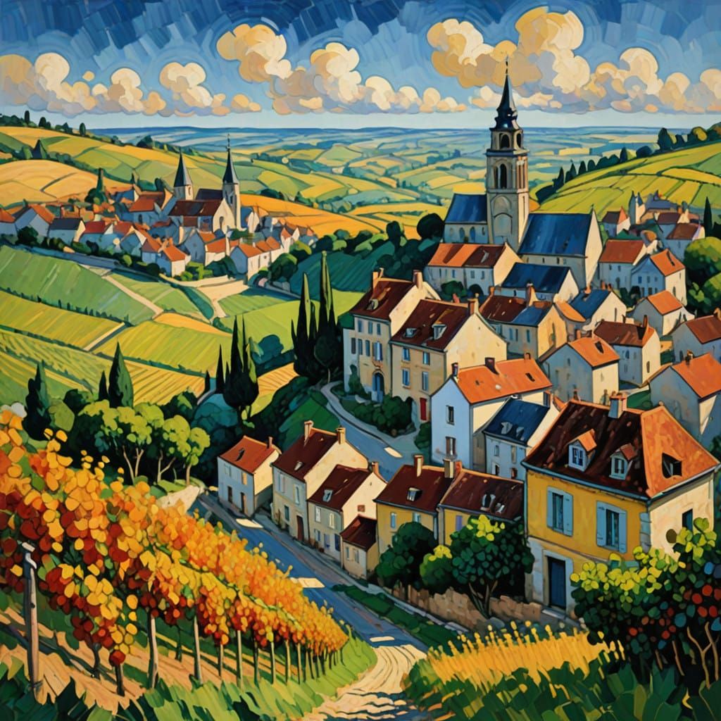 Idyllic Sancerre Village in a Vibrant, Impasto Landscape