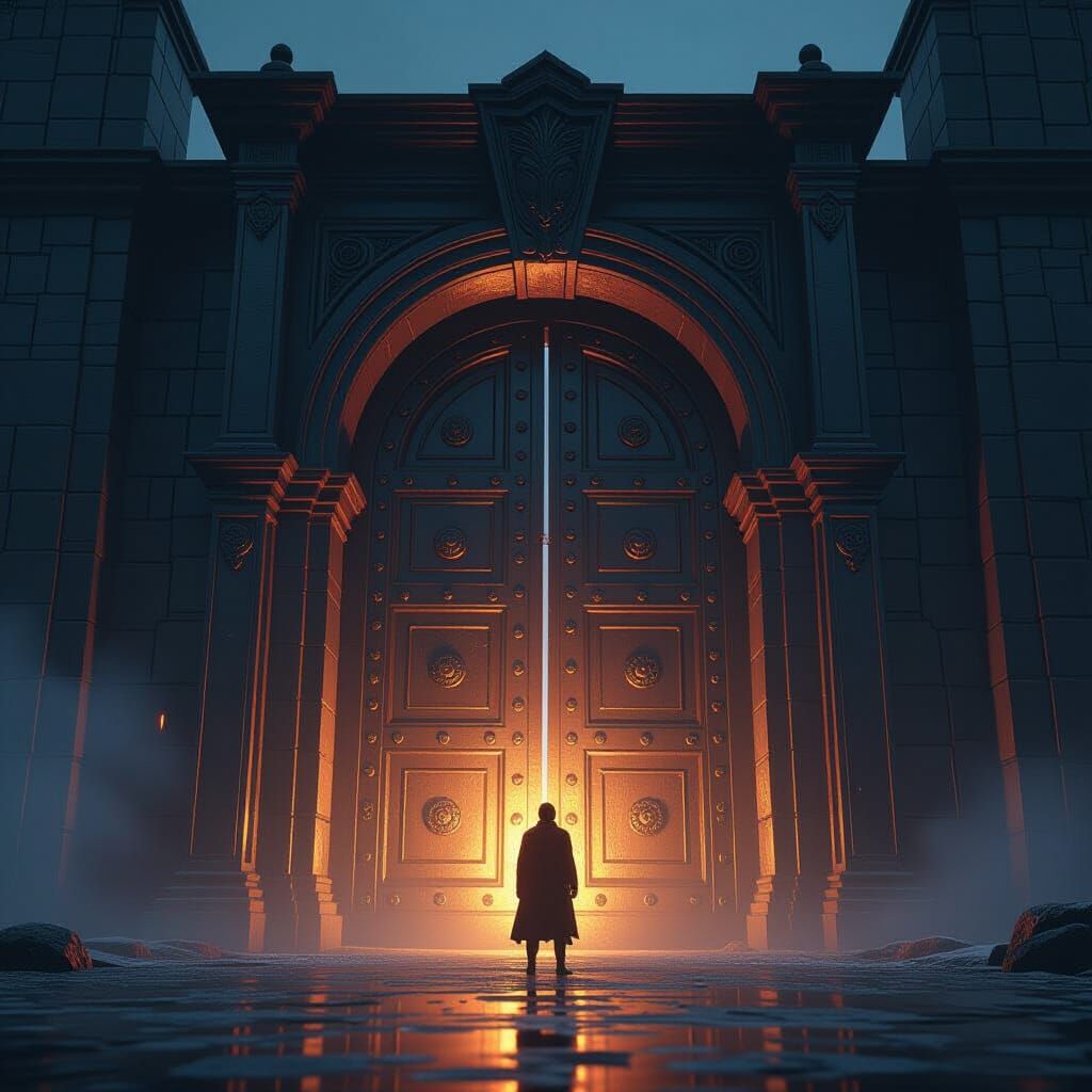 Character Before Doorway: 3D Game Cinematic Graphics